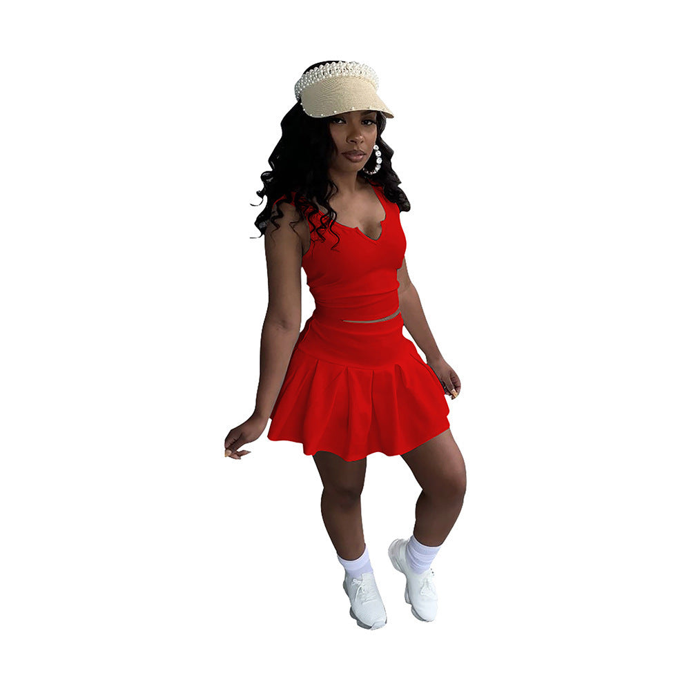 Solid Color And V-neck Sleeveless Pleated Pants Skirt Tennis Skirt Suit
