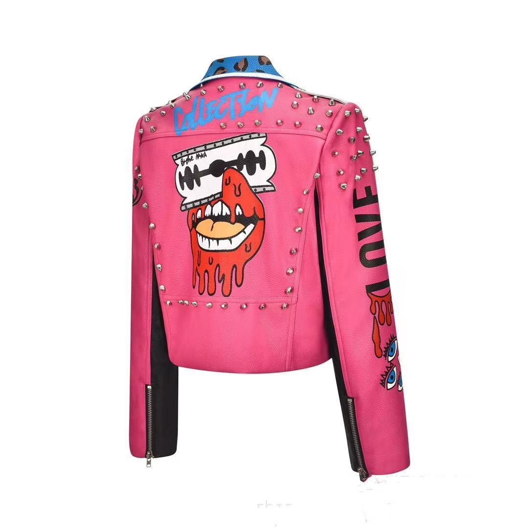 New Letter Motorcycle Printing Rivet Short Street Leather Coat For Women
