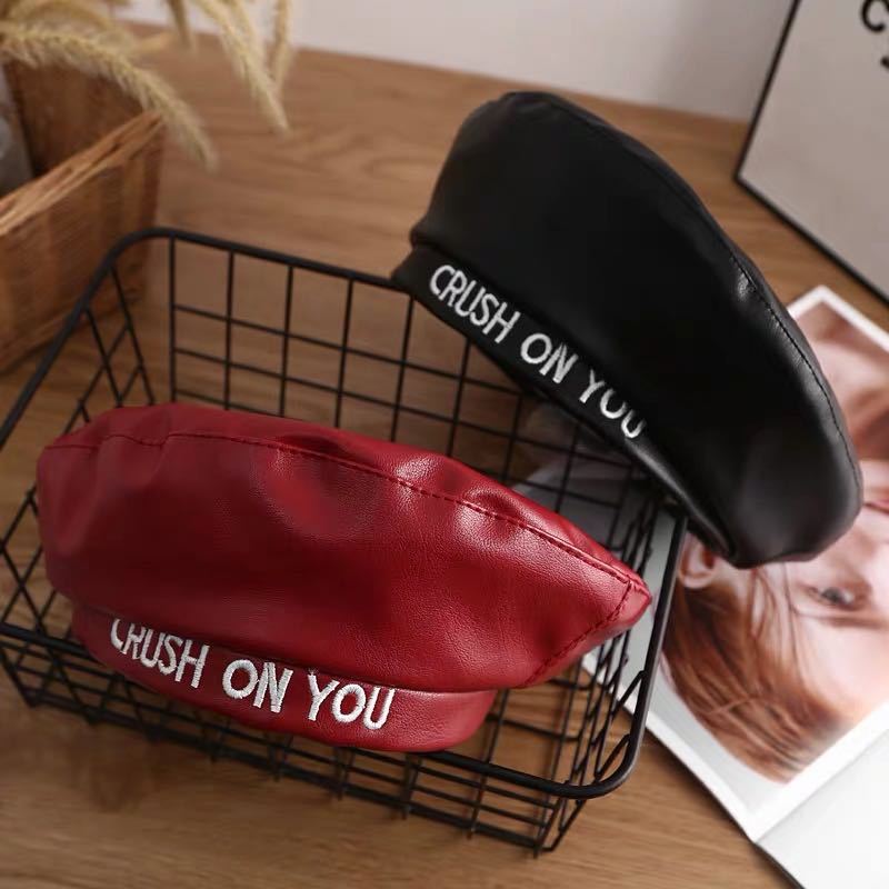 Female Autumn And Winter Alphabet Casual Leather Beret Painter Hat