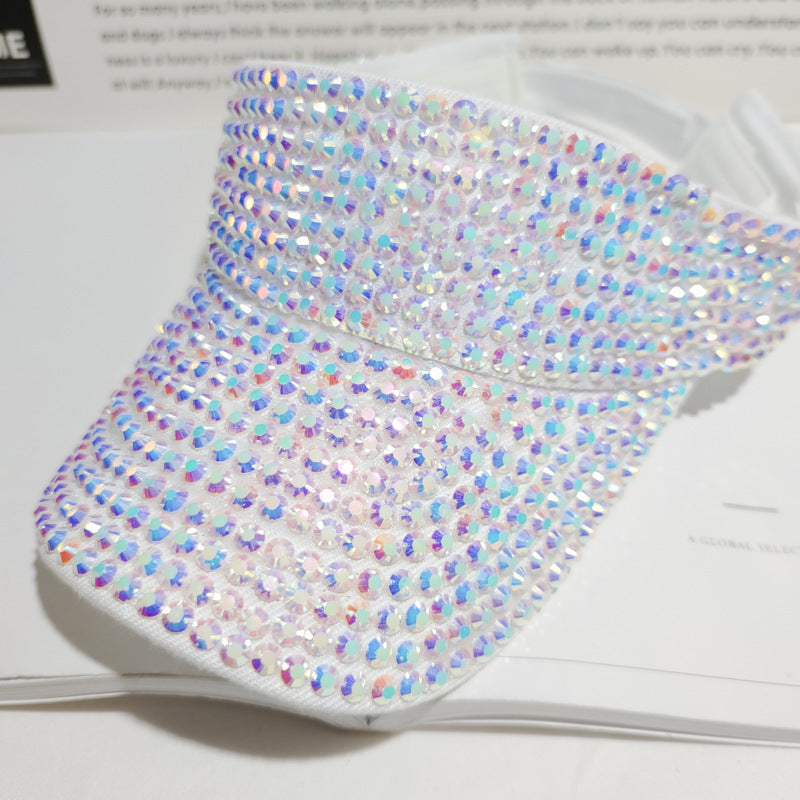 Rhinestone Breathable Big Brim Hollow Top Ladies Outdoor Riding Sun Hat