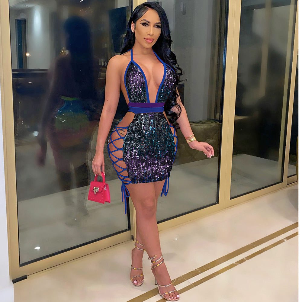 Women's Sexy  Halter Back Sequin Contrast Dress Women's Nightclub Clothes