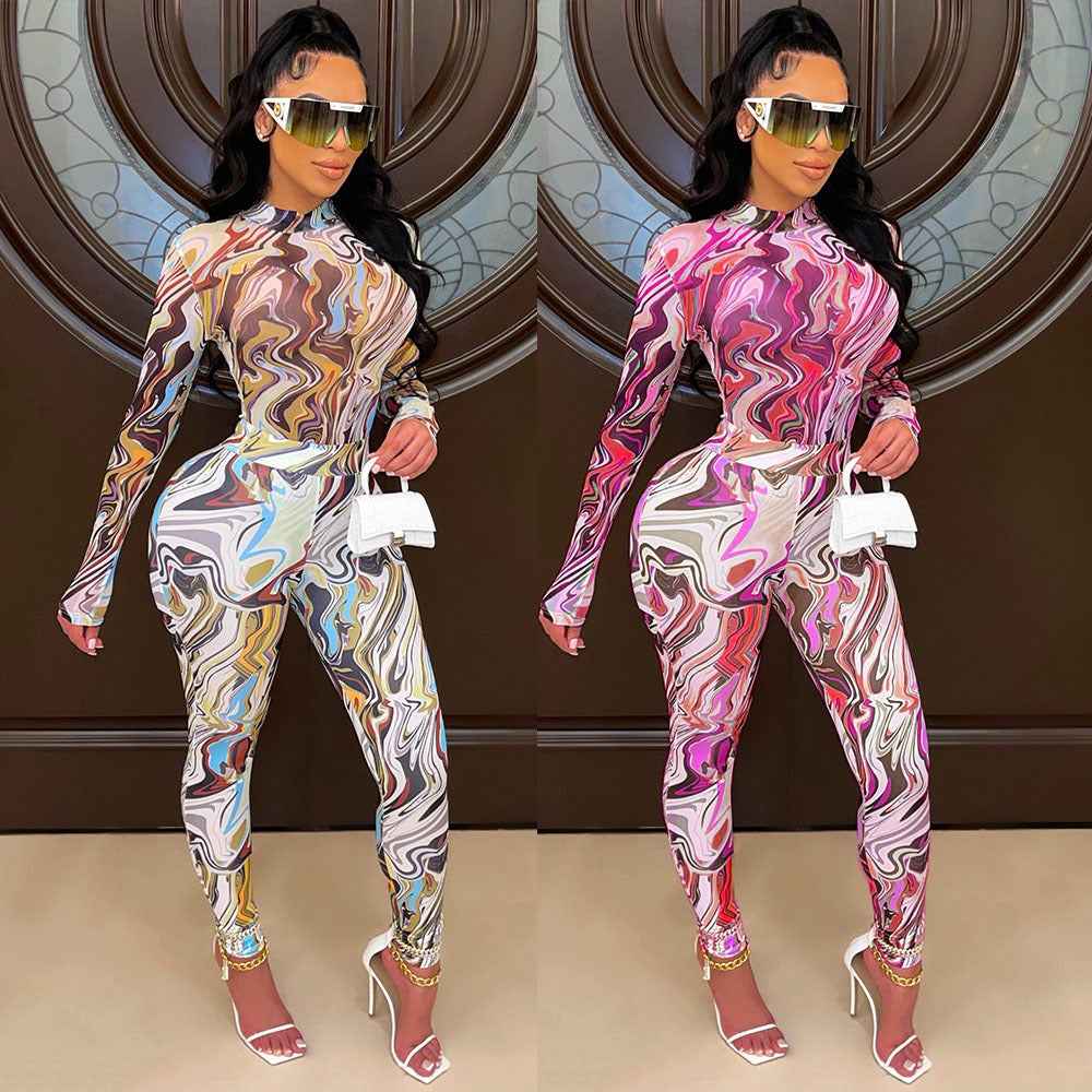 Sexy Mesh Printed Long-Sleeved Skinny Casual Jumpsuit